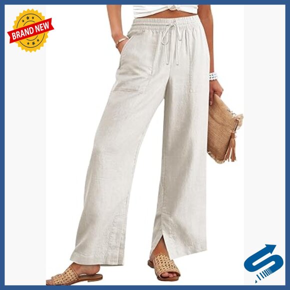 Wide Leg Palazzo Linen Pants High Waist Split Ankle Casual Lounge